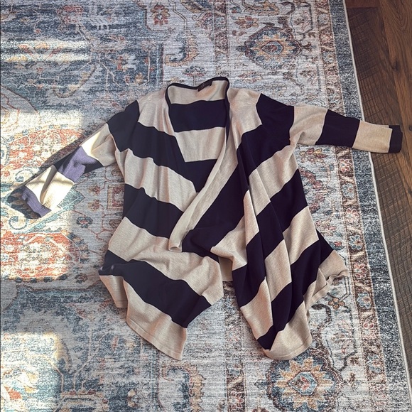 Sweaters - Elegant Navy and Tan Striped Women's Cardigan